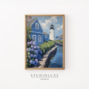 East Coast Lighthouse and Blue House Wall Art Print, Hydrangea Coastal Canal Painting, Nautical Digital Download for Summer Home