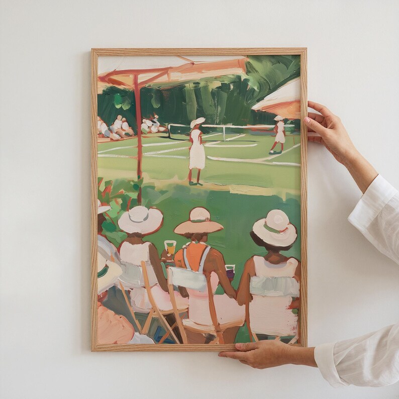 May include: A painting of a tennis match with people watching from the sidelines. The painting is done in a loose, impressionistic style with bright colors. The people in the painting are wearing white clothing and straw hats. The tennis court is green and the background is a lush green forest.