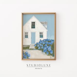 Coastal Cottage Art Print: Blue Hydrangeas, Beachy Wall Decor (Digital Download)