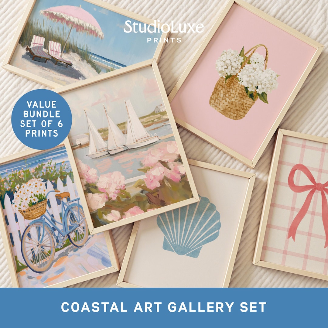 Coastal Wall Art Print Set: Pink & Blue Beach Decor (digital Download ...