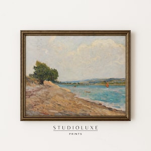 Vintage Coastal Shoreline Print | Impressionist Beach Landscape Wall Art | French Riviera Style Painting | Digital Ocean Cliff Scene