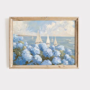 Cuadro de 3 veleros / Arte mural costero / Decoración costera de nieta / Impresión de hortensias azules / Decoración de cocina ARTE IMPRIMIBLE / Arte horizontal
