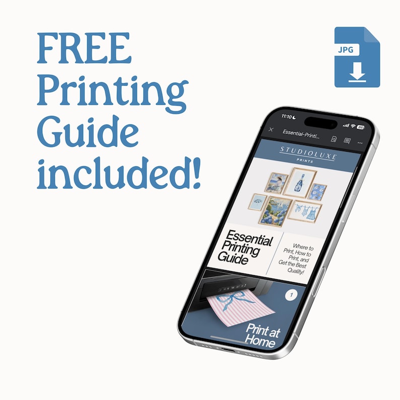 May include: A smartphone displaying a website with a blue and white design. The website is titled "Essential Printing Guide" and includes information on where to print, how to print, and how to get the best quality prints. The website also includes a free printing guide.