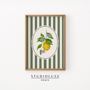 Imprimé citron vintage, art mural à rayures, décoration de cuisine vintage, art botanique imprimable, esthétique vieil argent, style grand-millénaire