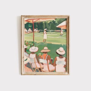 May include: A painting of a tennis match with three women in pink dresses and white hats sitting on the sidelines watching the game. The tennis court is green and the players are wearing white dresses.