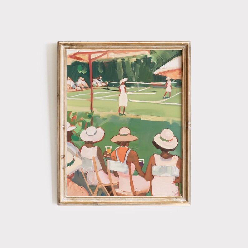 May include: A painting of a tennis match with three women in pink dresses and white hats sitting on the sidelines watching the game. The tennis court is green and the players are wearing white dresses.