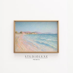 Arte mural de playa en tonos pastel, impresión de pintura costera francesa, escena oceánica impresionista, mar de verano claro, descarga digital, decoración