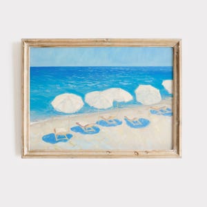 White Beach Umbrella Print | Coastal Blue Ocean Art | Minimalist Beach Scene | Digital Download Wall Art | Coastal Summer Home Decor