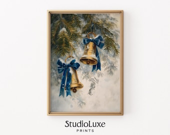 Printable Vintage Christmas Bells with Blue Ribbons - Festive Holiday Wall Art, Winter Decorative Digital Download, Christmas Decor 297