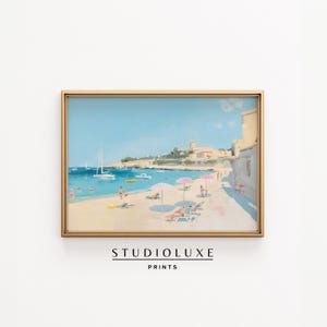 Arte mural de playa en tonos pastel, impresión de pintura costera francesa, escena oceánica impresionista, mar de verano claro, descarga digital, decoración
