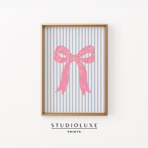 Pink Bow on Blue Stripe Printable Wall Art – Coquette Aesthetic Decor for Girls Bedroom or Dorm Room – Cute Digital Download Poster