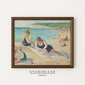 Vintage Beach Painting Print | French Seaside Wall Art | La Plage Bathing Scene | Impressionist Coastal Decor | Digital Summer Artwork
