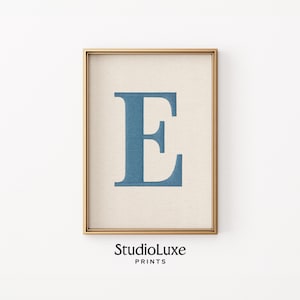 May include: Framed print featuring the letter "E" in a bold, blue font against a neutral, textured background. The print is encased in a gold-colored frame. The text "StudioLuxe PRINTS" is printed at the bottom.