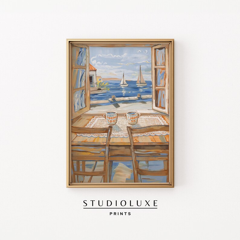 May include: A painting of a window with a view of a seascape with two sailboats. The window is open and there are two mugs on a table in front of it. The table is set with a white tablecloth and there are two chairs.