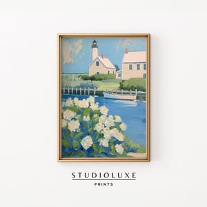 Coastal Lighthouse Harbor Print, Nautical Hydrangea Wall Art, Cape Cod Decor, Summer Beach House Art, Seaside Cottage Aesthetic