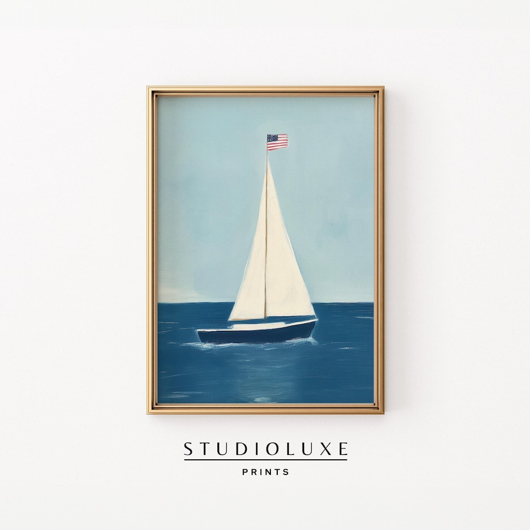 Sailboat American Flag Print: Nautical Coastal 4th of July Decor ...
