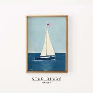 Sailboat with American Flag Wall Art Print, Nautical 4th of July Coastal Decor, Patriotic Digital Download for Lake House or Beach Home