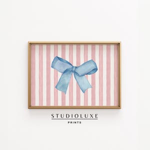 Blue Bow Wall Art Print, Coquette Ribbon Decor, Feminine Pink Stripe Printable, Girly Preppy Wall Art for Nursery, Bedroom, or Office