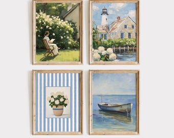 Vintage Coastal Wall Art Set of 4, Hydrangea Print, Lighthouse Painting, Summer Garden Gallery, Nautical Gallery Set, Printable Wall Art