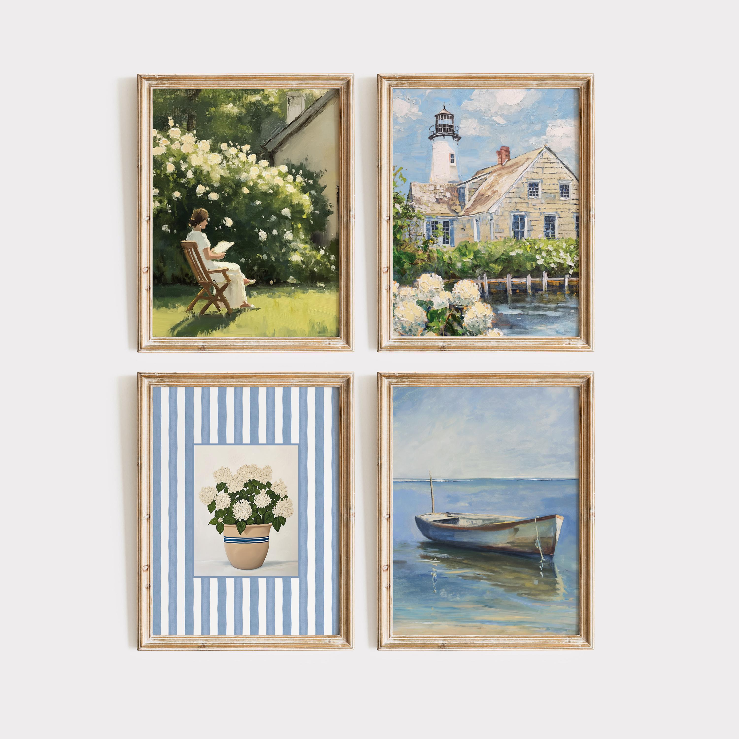 Vintage Coastal Wall Art Set of 4, Hydrangea Print, Lighthouse Painting, Summer Garden Gallery, Nautical Gallery Set, Printable Wall Art