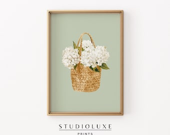 Hortensien Korb Print: Küsten Salbei Grüne Blumen Wand Kunst (Digitaler Download