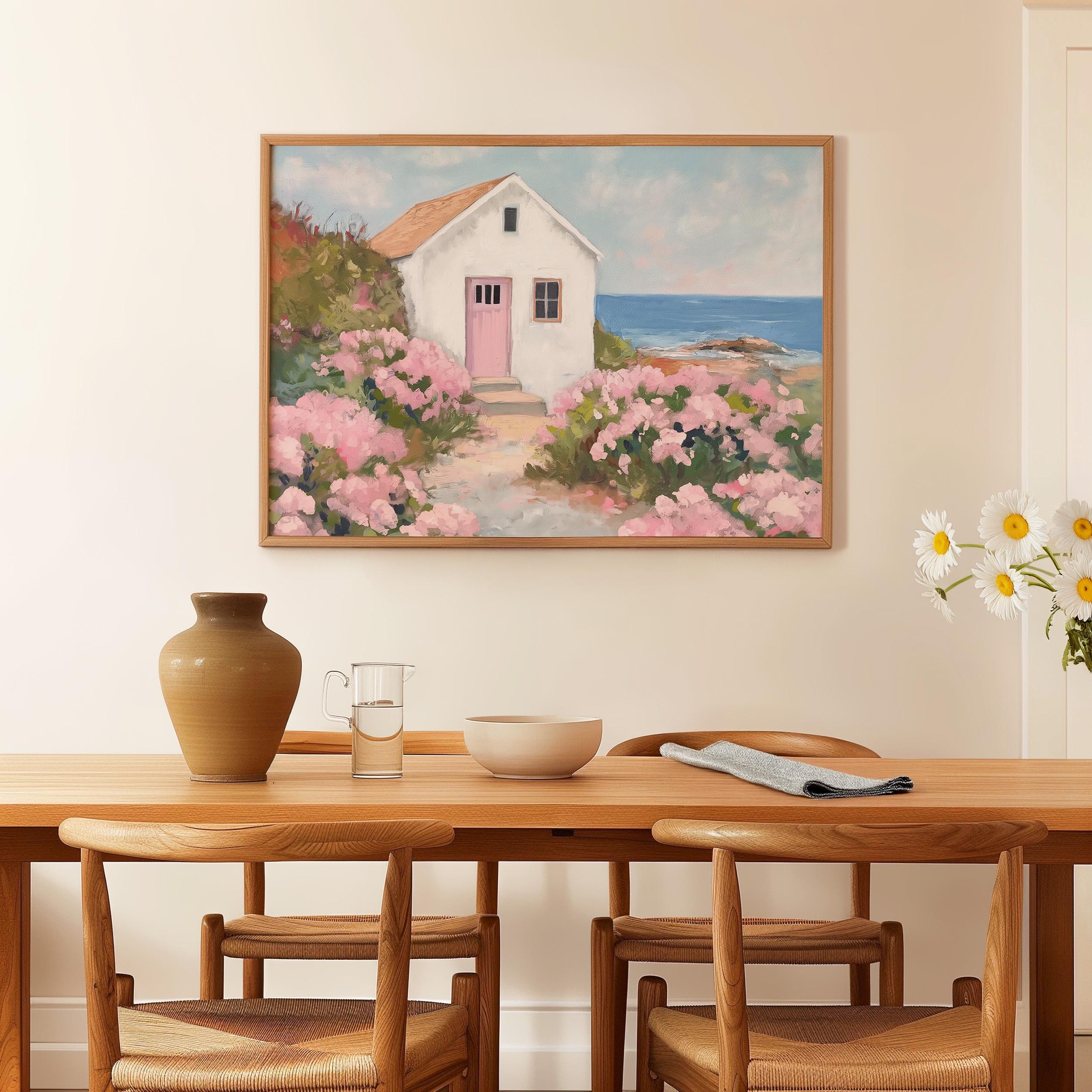 Pink Hydrangea Coastal Cottage Print: Beach House Wall Art (digital ...