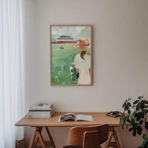 May include: A painting of a woman in a straw hat standing in a field, looking at a horse and rider in the distance. The woman is holding a bouquet of flowers. The painting is framed in a wooden frame.