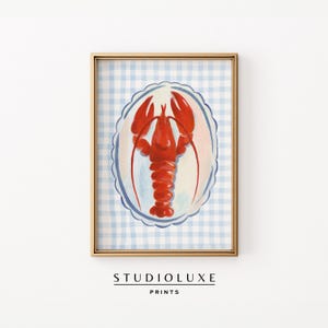 Lobster Gingham Kitchen Art Print | Coastal New England Decor | Red Lobster Illustration | Nautical Summer Wall Art | Digital Download