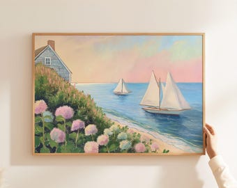 Coastal Granddaughter Wall Art Printable, Sailboat and Cottage Decor Gift, East Coast Beach Scene, Digital Download, Pastel Ocean Print