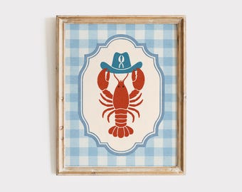 Cowboy Lobster Print: Blue Gingham Western Nautical Art (Digital Download)