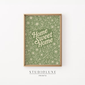 Home Sweet Home Printable Wall Art | Green Floral Digital Download | Cozy Cottagecore Kitchen or Entryway Decor | Nostalgic Wall Art