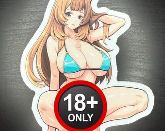 May include: A sticker featuring an anime-style illustration of a woman in a blue bikini. The woman has long brown hair and bear ears. A red circle with the text "18+ ONLY" is overlaid on the image.