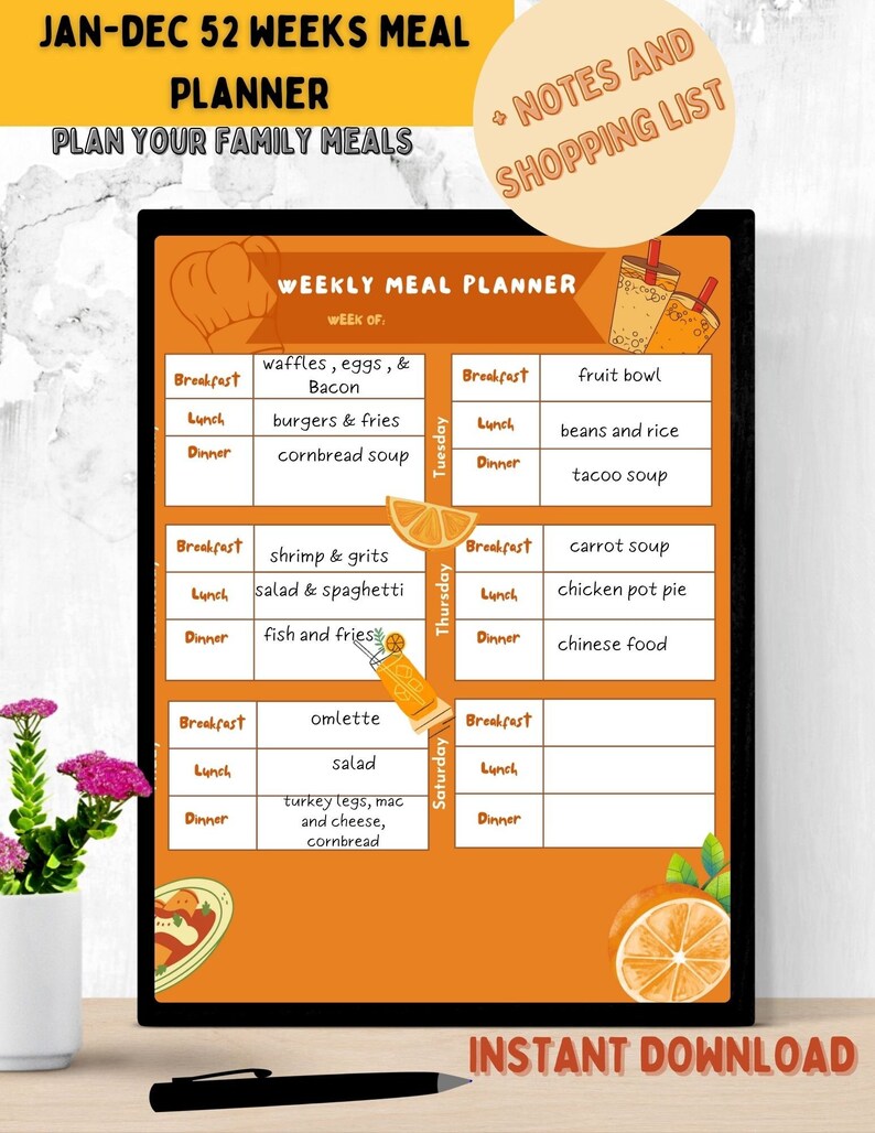 Family Weekly Meal Planner Shopping List Tracker Template - Etsy