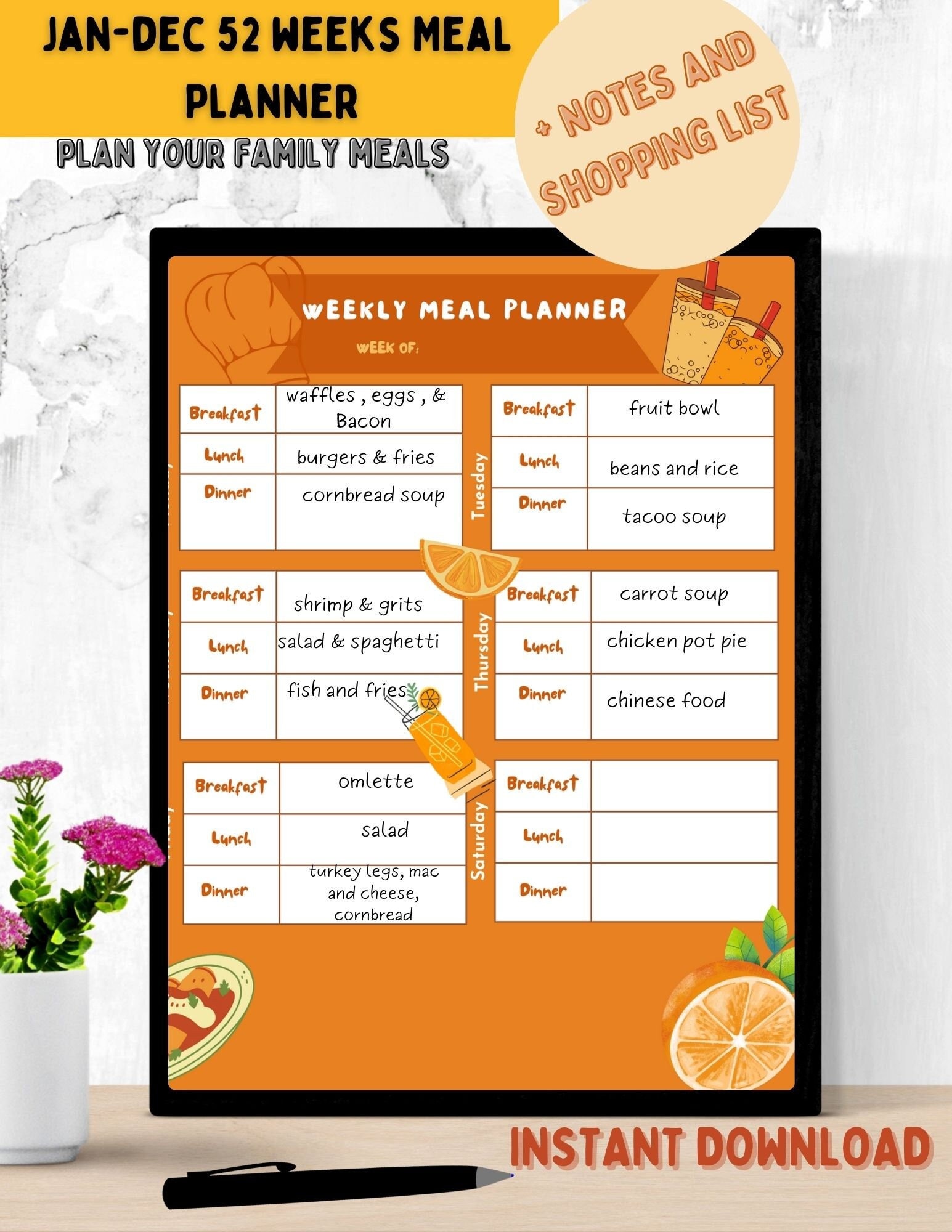 Family Weekly Meal Planner Shopping List Tracker Template - Etsy