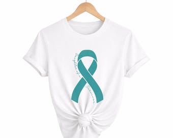Personalized Ovarian Cancer Awareness Shirt – Teal Ribbon Tee – Customizable Survivor, Warrior, Fighter Support – Bella Canvas 3001
