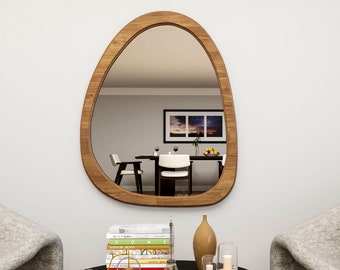 İrregular Wood Large Wall Mirror , Mid Century Mirror, Asymmetrical Mirror, Large Mirror, Mirror Wall Decor, Entryway Mirror