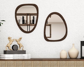 Mid Century Set Wandspiegel, Asymmetrischer Spiegel, İrregular Spiegel, Eingangsspiegel, Holzspiegel, Moderner Spiegel