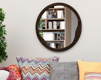 Wood Walnut Mirror Wall Decor, Mid Century Mirror, Asymmetrical Round Mirror, Makeup Standing Mirror