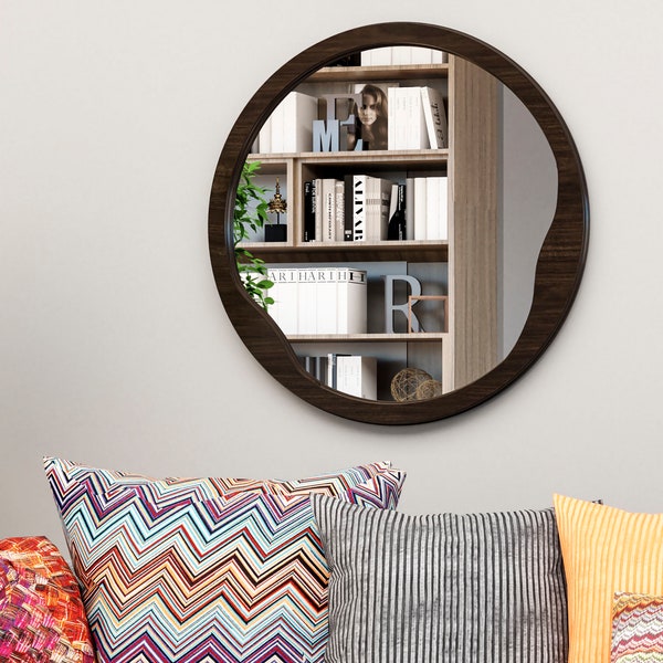 Wood Walnut Mirror Wall Decor, Mid Century Mirror, Asymmetrical Round Mirror, Makeup Standing Mirror