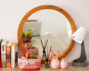 Handcaraft Wood Round Minimalist Large Wall Mirror, Round Bathroom Mirror, Frame Mirror, Entryway Mirror, Makeup Mirror, Decorative Mirror