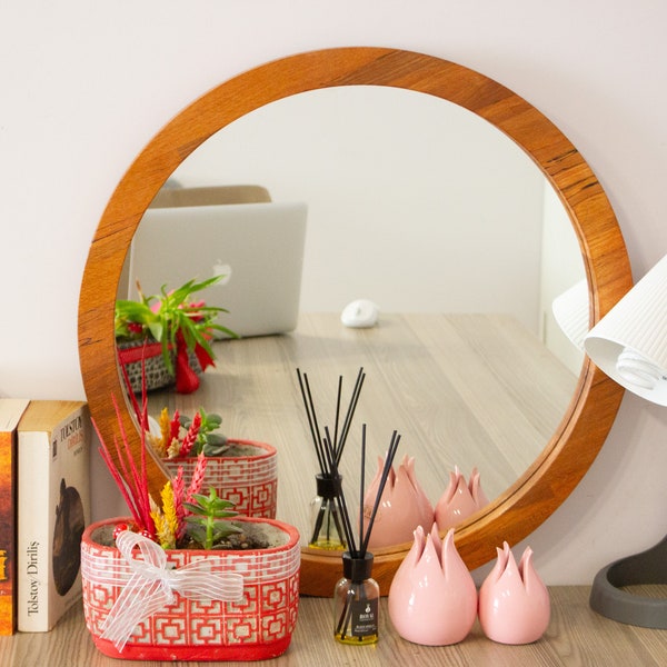 Handgefertigter runder minimalistischer großer Wandspiegel aus Holz, runder Badezimmerspiegel, Rahmenspiegel, Eingangsspiegel, Schminkspiege