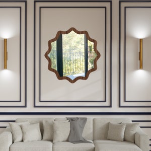 Asymmetrical Wall Mirror, Wood Round Mirror, Handcrafted Asymmetric Mirror