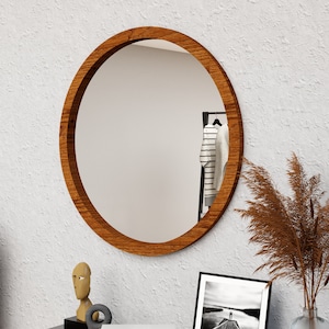 Round Oak Wooden Wall Large Mirror, Asymmetrical Mirror, Irregular Mirror, Circle Mirror, Bathroom Mirror