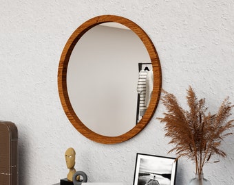 Round Oak Wooden Wall Large Mirror, Asymmetrical Mirror, Irregular Mirror, Circle Mirror, Bathroom Mirror