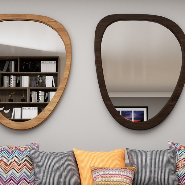 Miroir mural moderne en bois asymétrique, miroir en bois organique, miroir irrégulier, miroir du milieu du siècle, miroir esthétique, miroir
