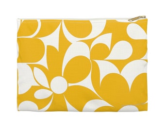 Monochrome 1960s Vintage Modern Inspired Style Yellow & White Flower Art Accessory Pouch Makeup Cash Purse Bag -(2 Sizes)- JoeClarkDesignsCo