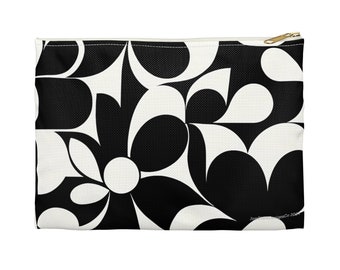 Monochrome 1960s Vintage Modern Inspired Style Black & White Flower Art Accessory Pouch Makeup Purse Wallet Bag (2 Sizes)- JoeClarkDesignsCo