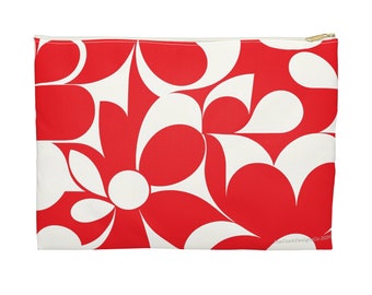 Monochrome 1960s Vintage Modern Inspired Red & White Flower Art Accessory Pouch Makeup Cash Purse Wallet Bag(2 Sizes)- JoeClarkDesignsCo