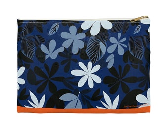 Dark Blue Vibrant Orange 1960s Vintage Modern Inspired Hawaii Flower Art Accessory Pouch Makeup Purse Wallet Bag (2 Sizes) JoeClarkDesignsCo