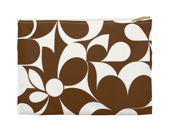 Monochrome 1960's Vintage Modern Inspired Style Brown & White Flower Art Accessory Pouch Makeup Cash Purse Bag-(2 Sizes)- JoeClarkDesignsCo